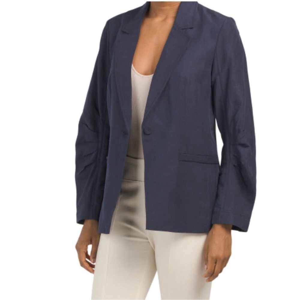 Kobi Halperin Torryn Tencel Linen One-Button Cinched Sleeve Jacket in Navy Sz S